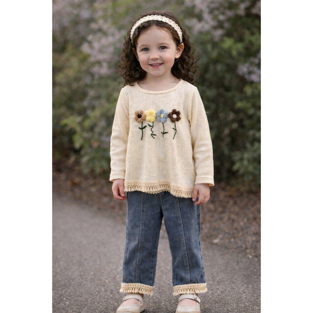 Floral Waffle Knit Top and Denim Jeans Set Kids 4Y Like New